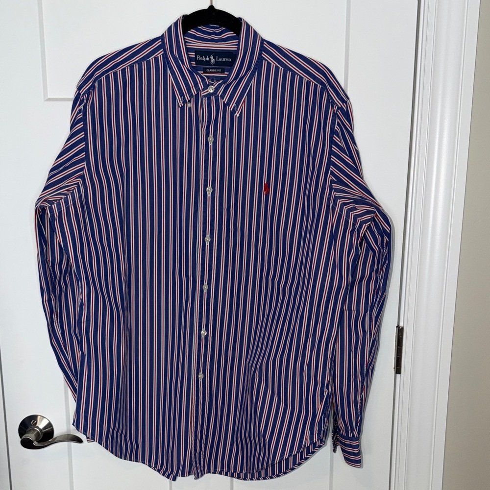 Ralph Lauren Red White Blue Vertical Striped Classic Fit Long Sleeve Button Down